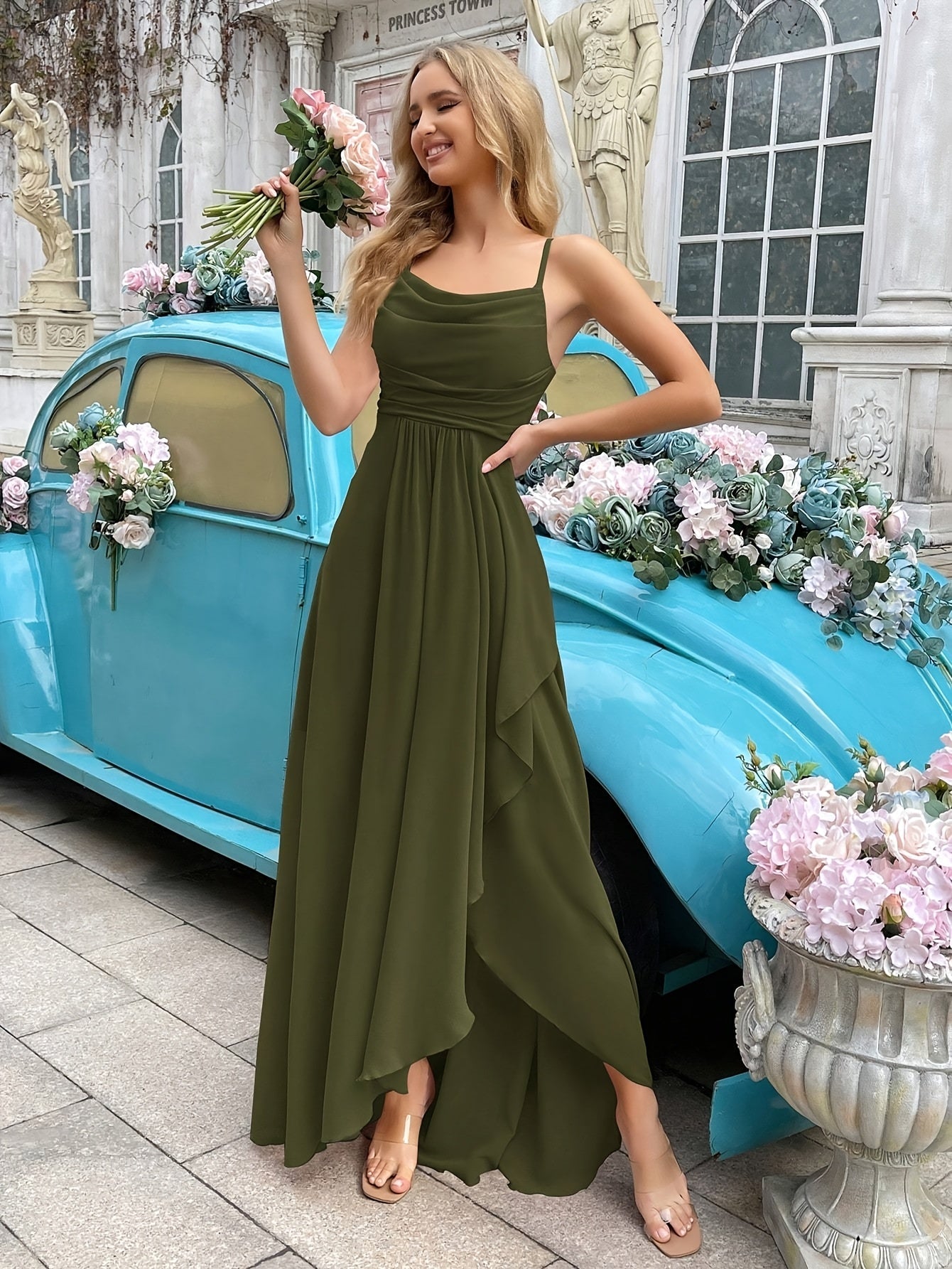 Chiffon Cowl Neck Spaghetti Strap Ruffle A-Line Maxi Dress