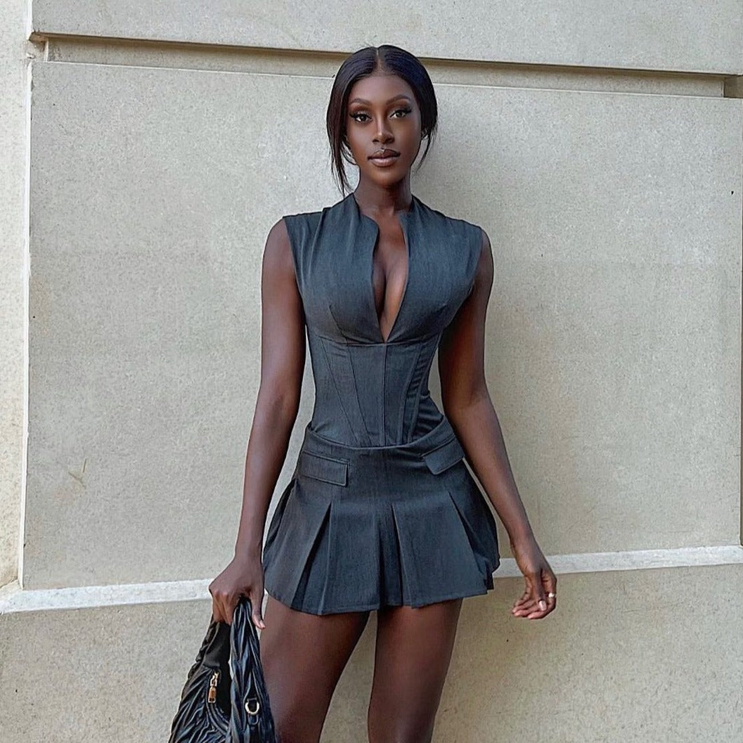 Sleeveless Zip Front Corset Pleated Mini Dress