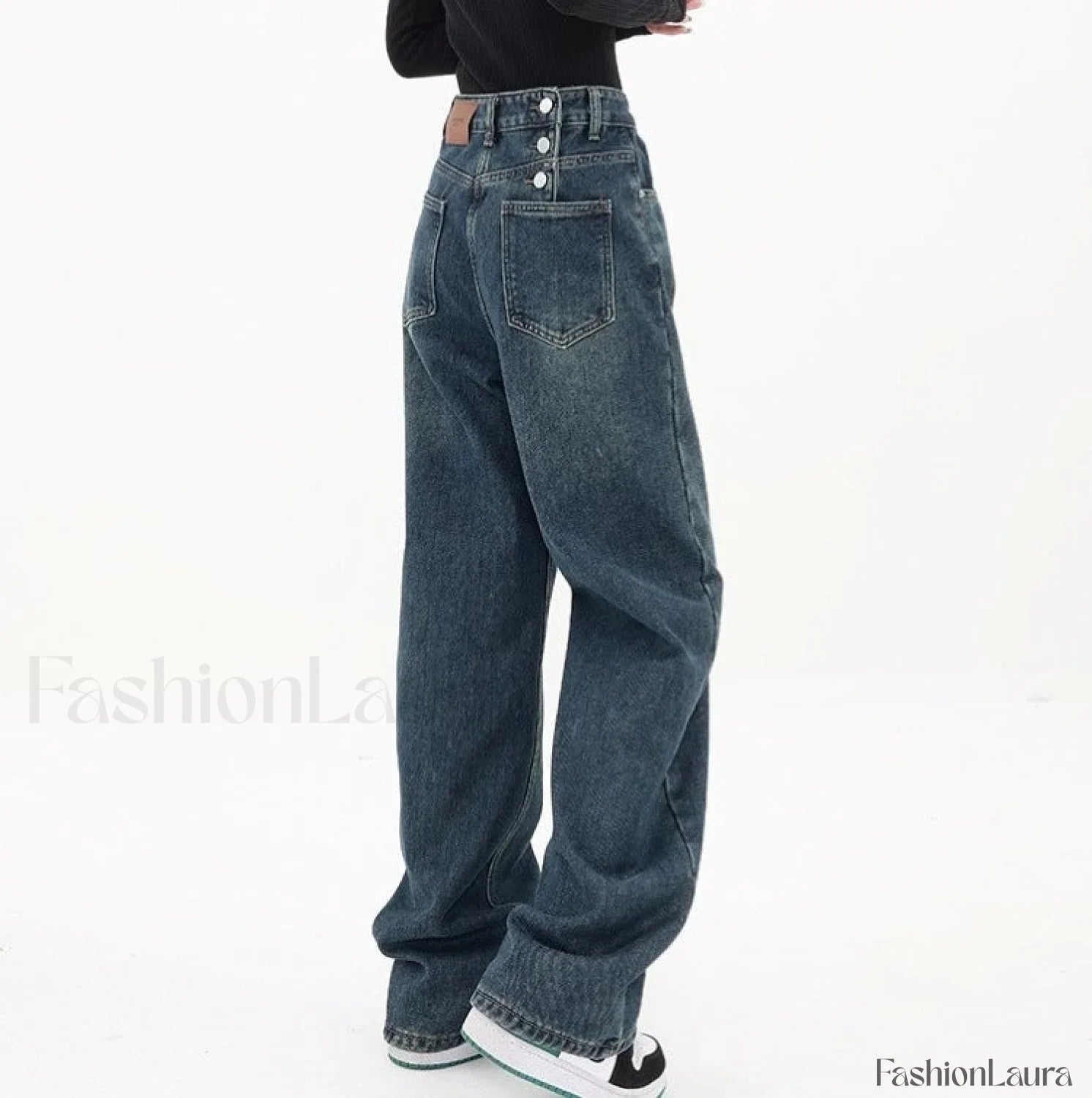Three Button Baggy Trendy Wide Leg Boyfriend Jeans