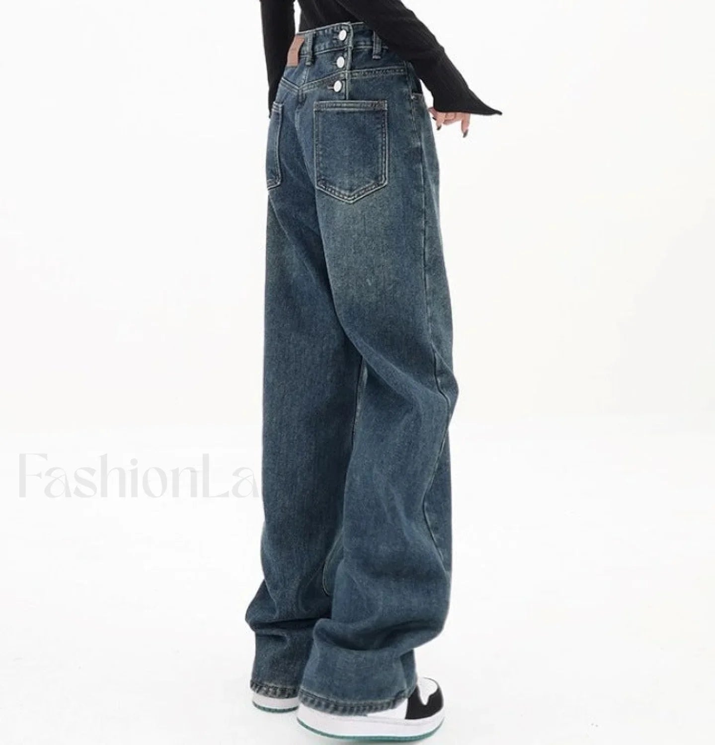 Three Button Baggy Trendy Wide Leg Boyfriend Jeans