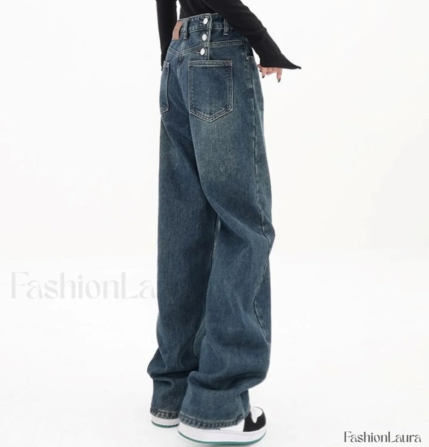 Three Button Baggy Trendy Wide Leg Boyfriend Jeans