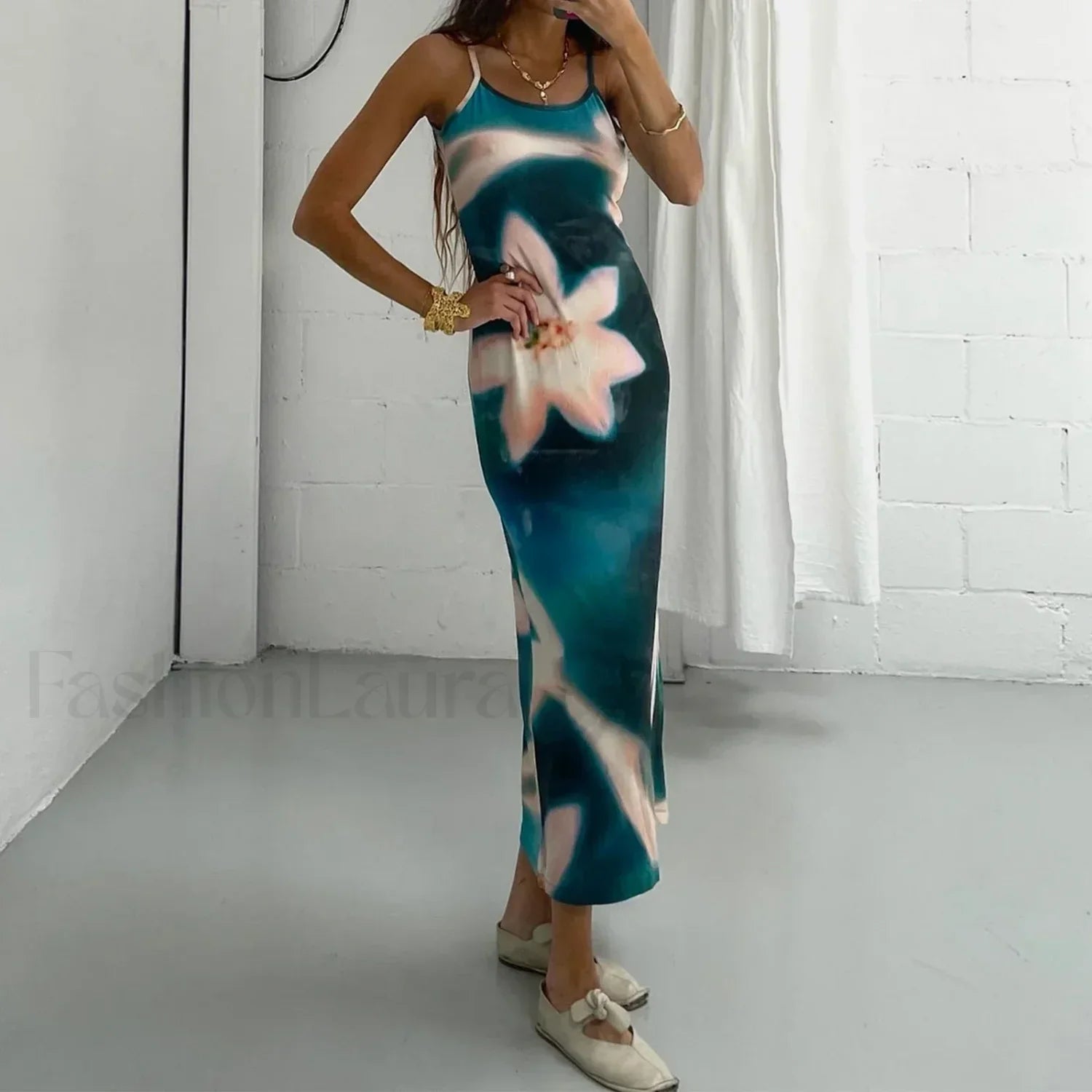 Tie Dye Floral Bodycon Maxi Dress