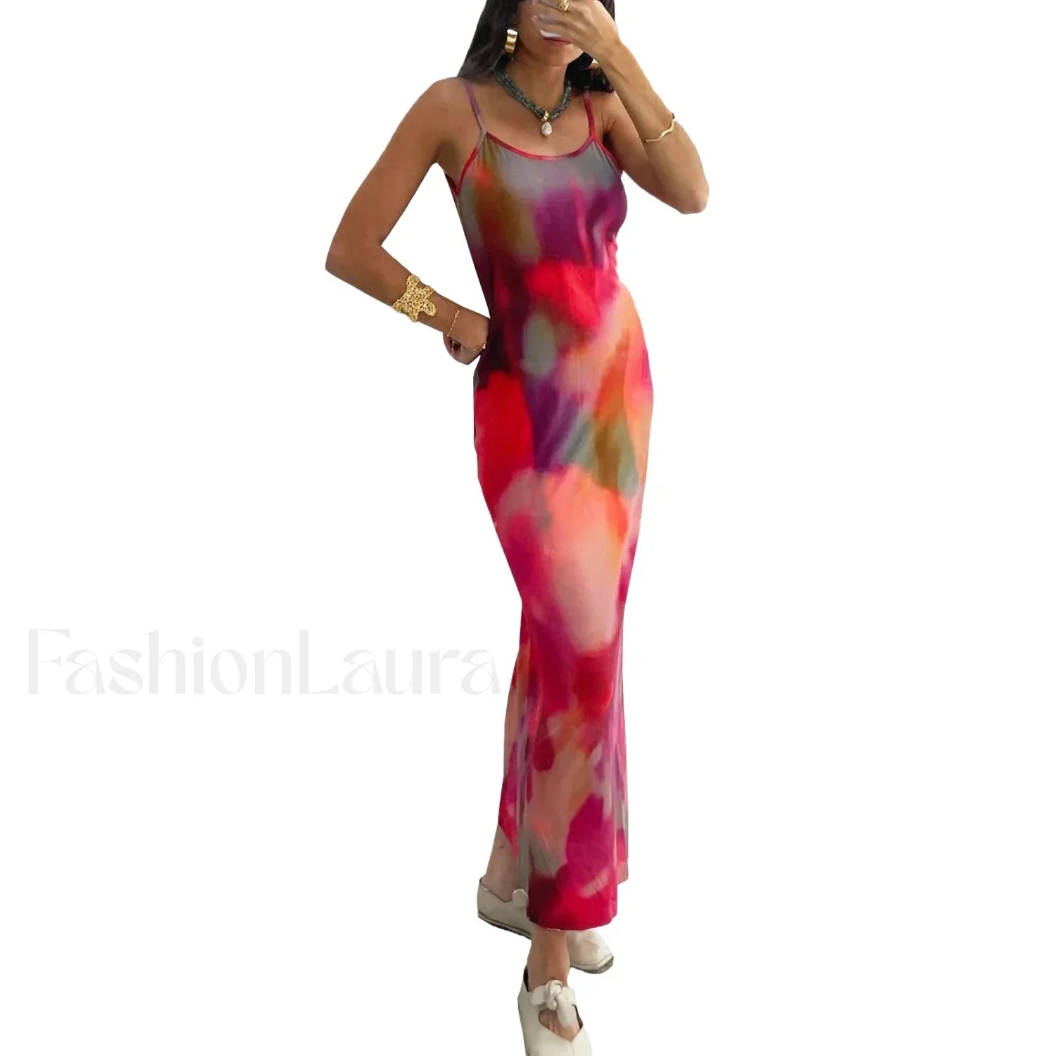 Tie Dye Floral Bodycon Maxi Dress Red / S