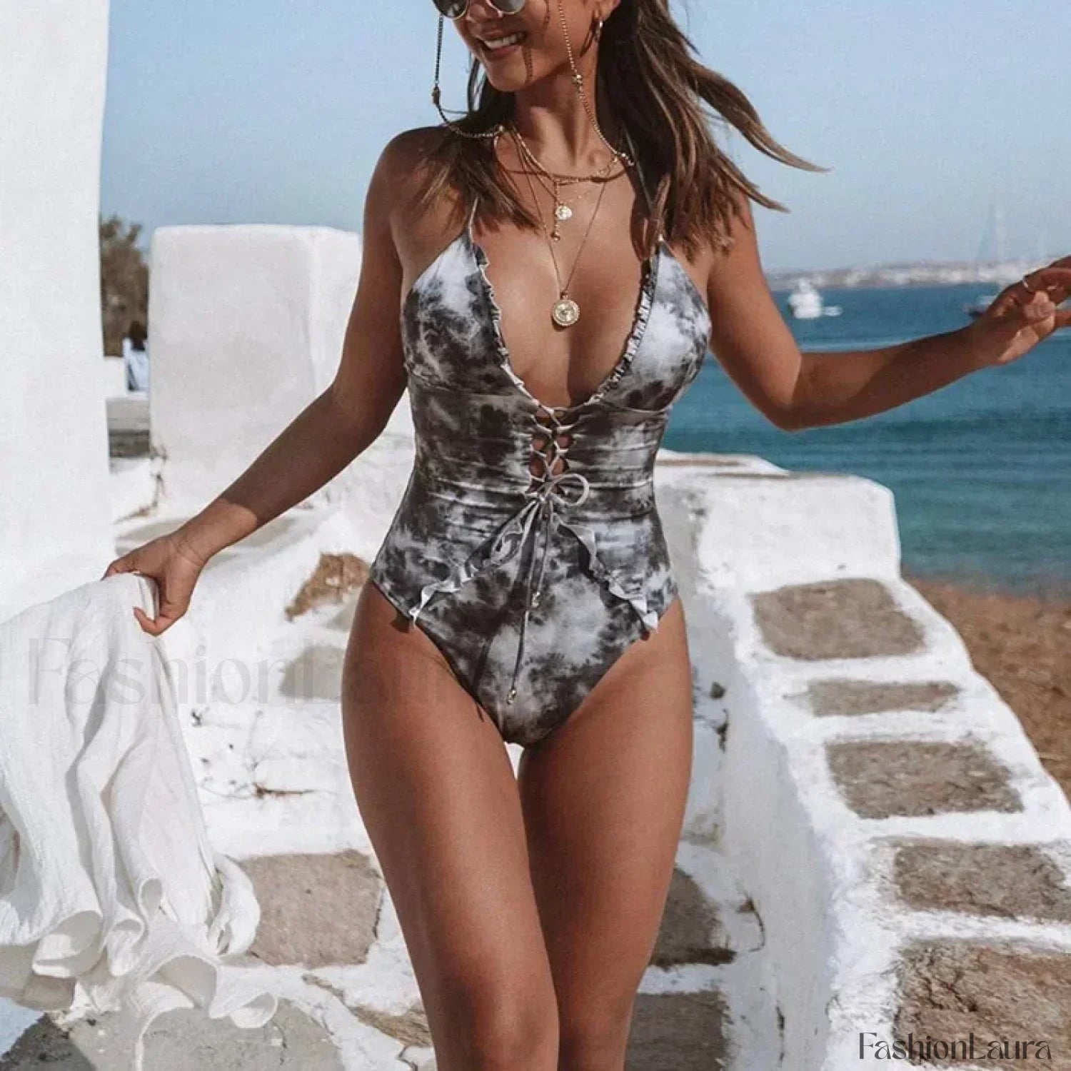 Tie Dye Lace Up Deep V Cut One Piece