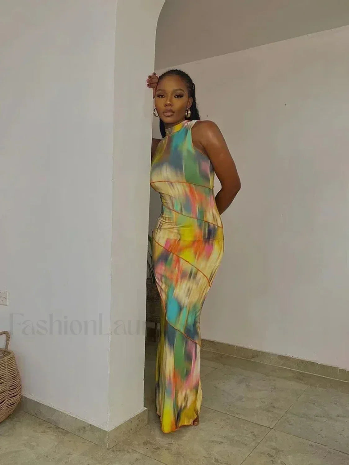 Tie-dye Patchwork O-neck Maxi Dress