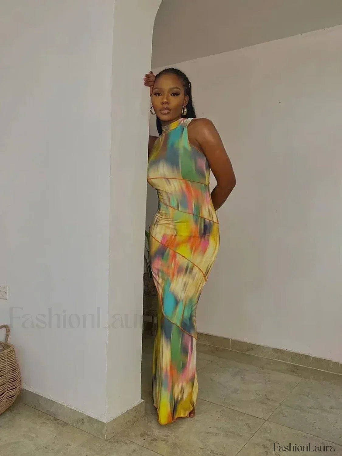 Tie-dye Patchwork O-neck Maxi Dress