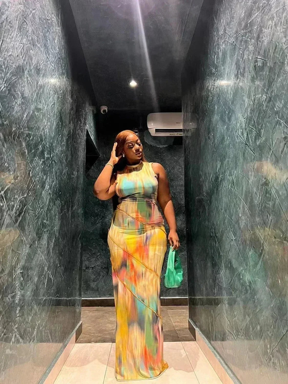 Tie-dye Patchwork O-neck Maxi Dress