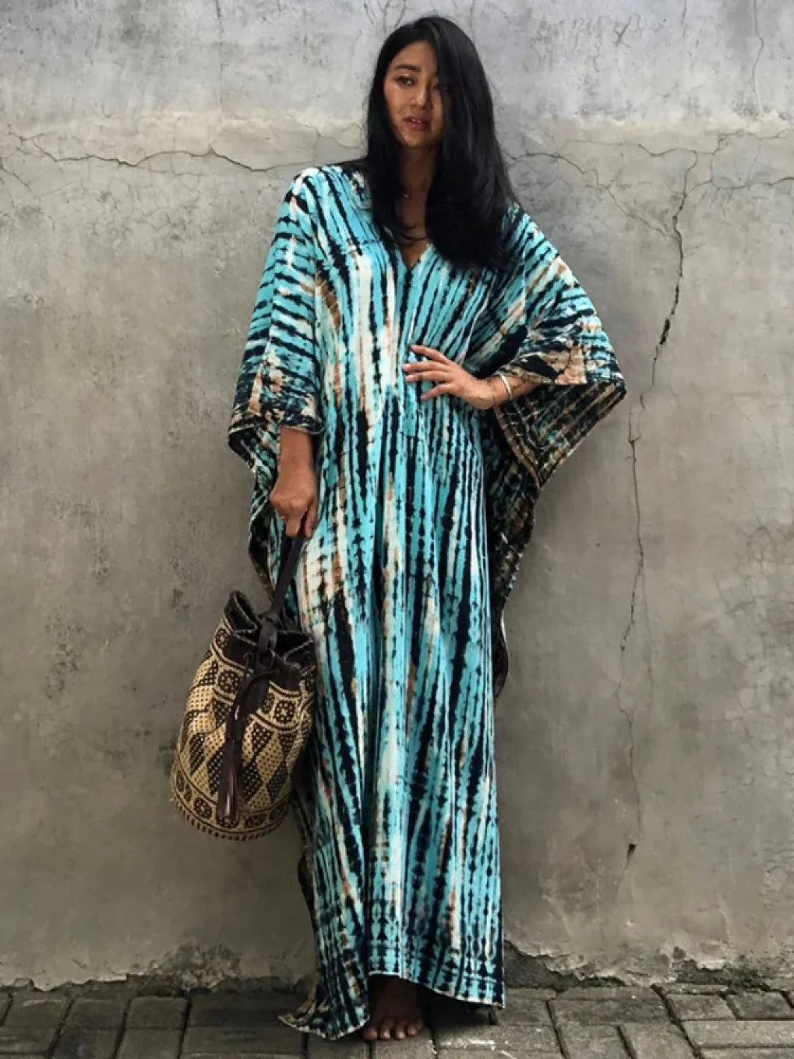 Tie Dye Printed Kaftan Cover Up Blue And Black / One Size