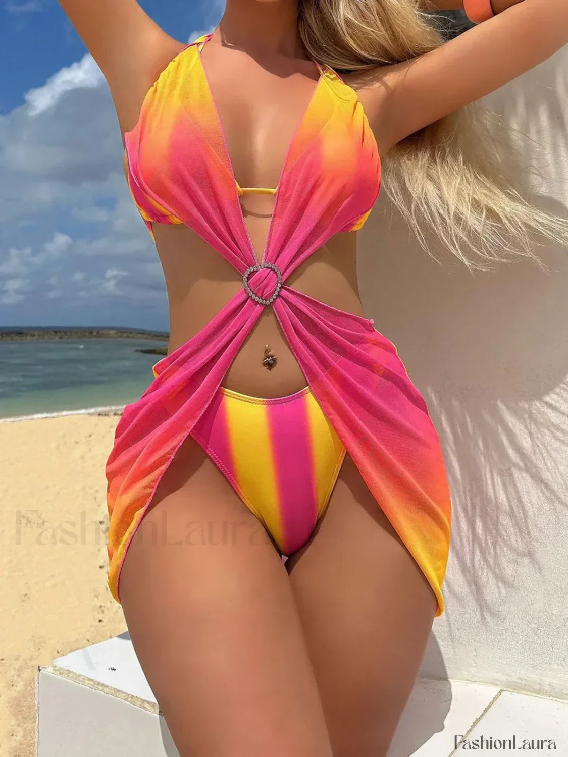Tie-Dye Striped Dress Bikini Three Piece Set
