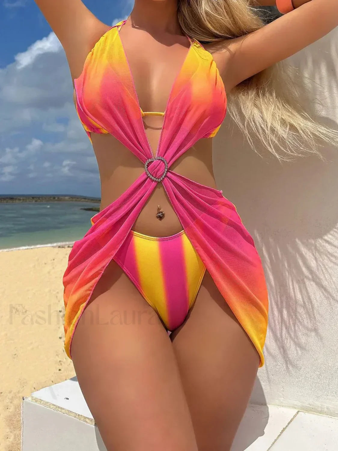 Tie Dye Striped Dress Bikini Three Piece Set Red Yellow / S