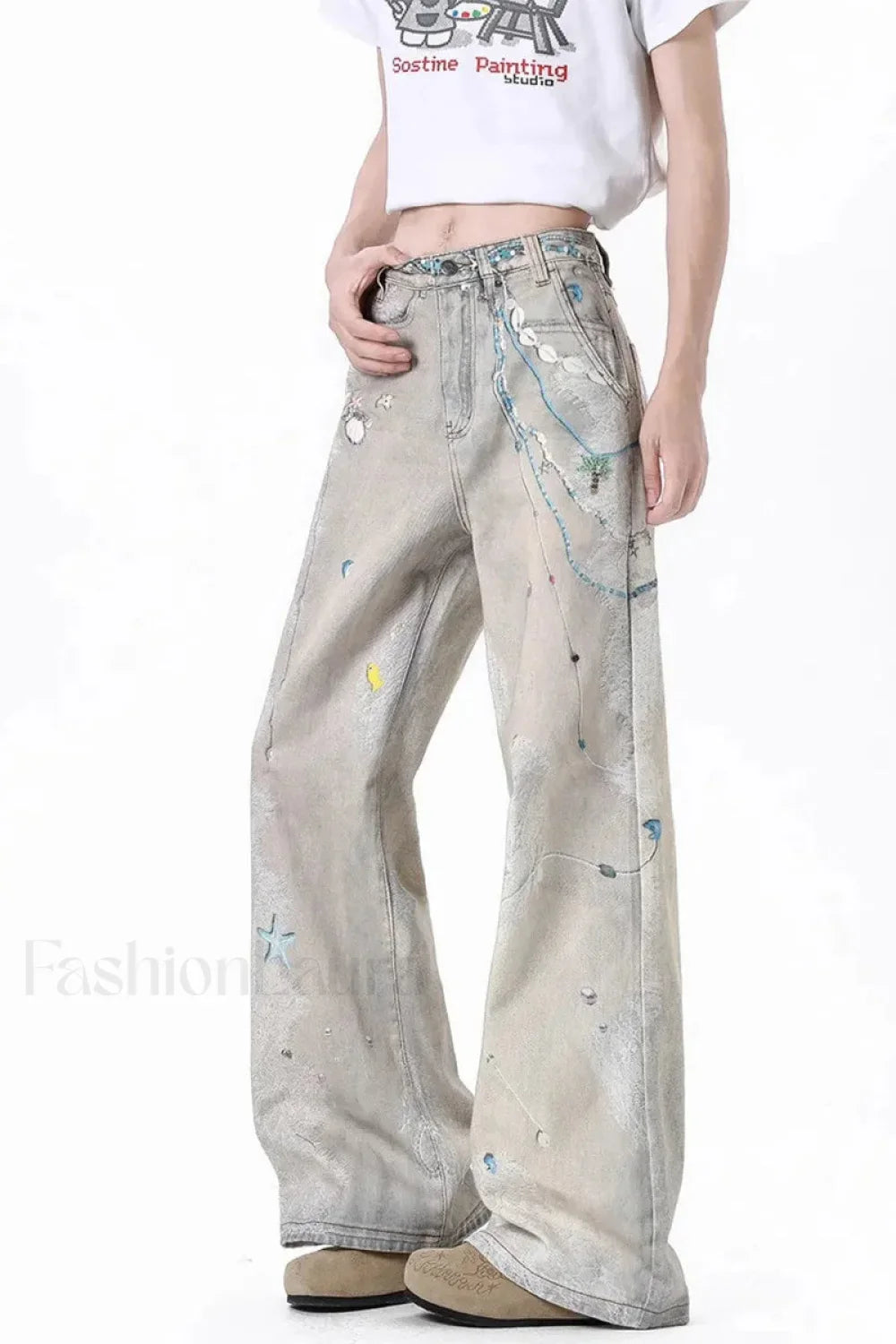 Tie Dye Wide Leg High Waist Jeans Ivory / S