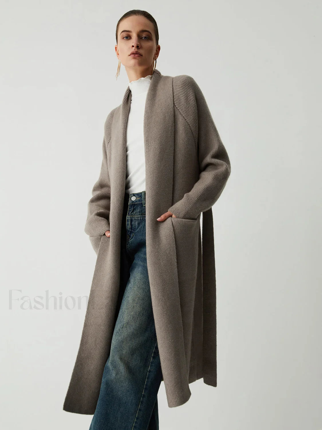 Tie Front Graceful Longline Kimono Coat Khaki / S Sweaters L