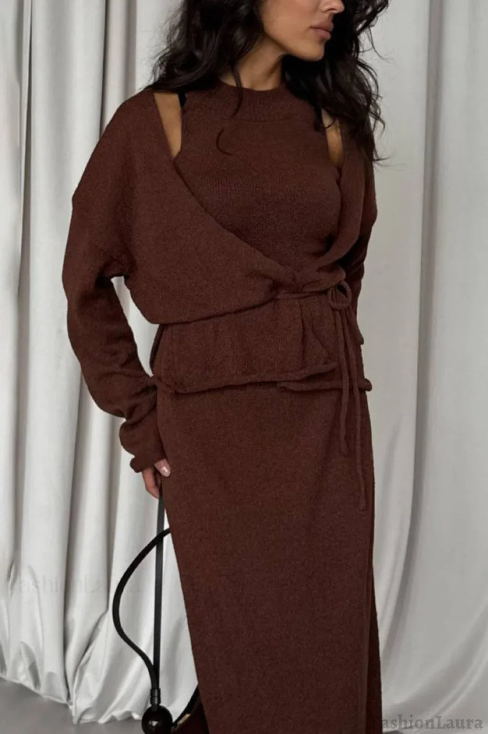 Tie Front Knit Set Sweater Dress S / Brown