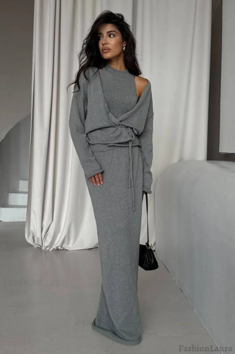 Tie Front Knit Set Sweater Dress S / Grey
