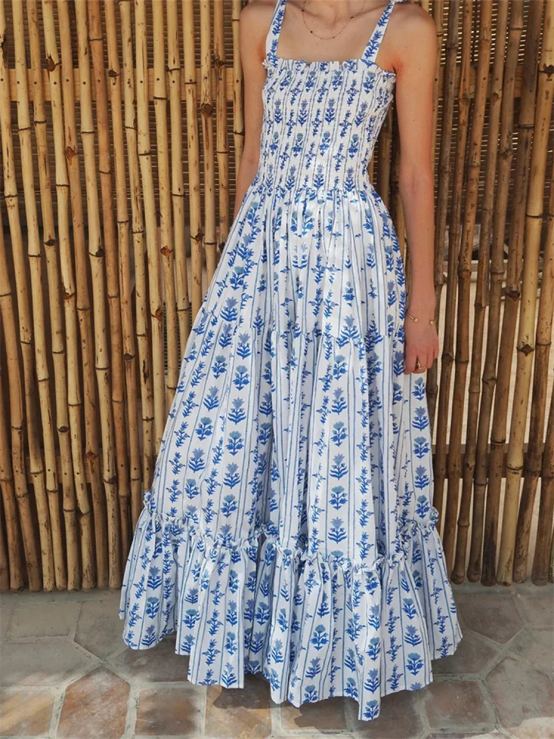 Tie Strap Floral A Line Maxi Dress blue / S