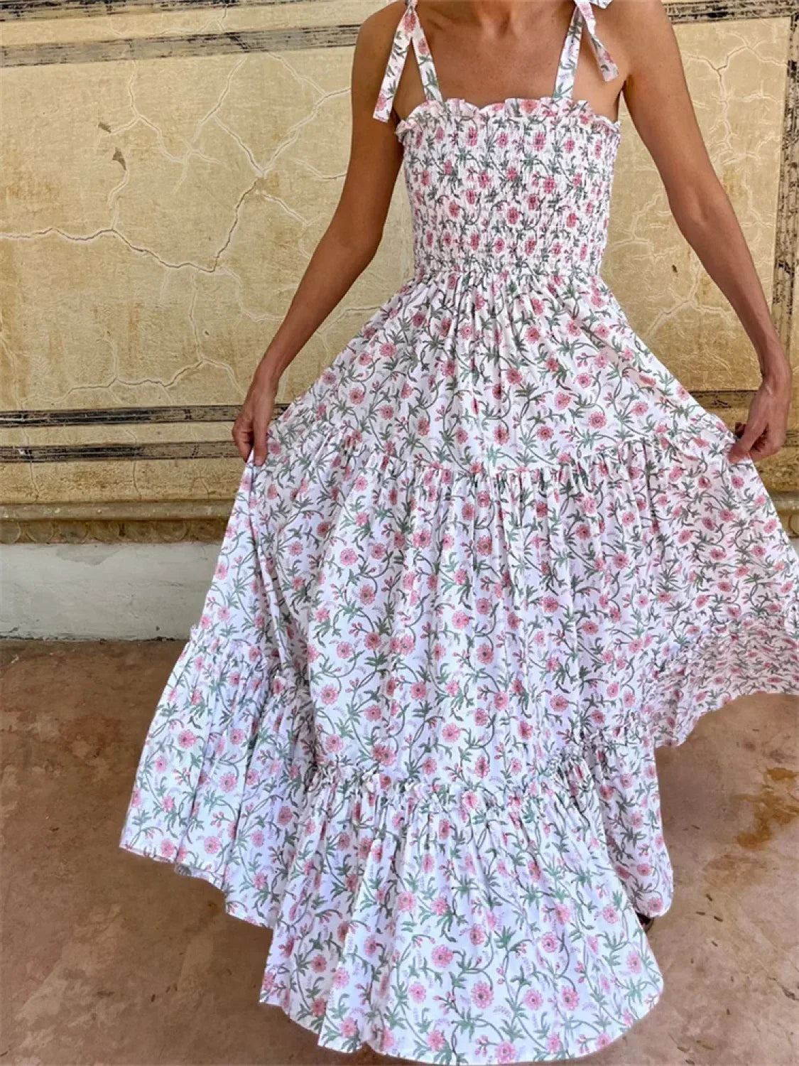 Tie Strap Floral A-Line Maxi Dress