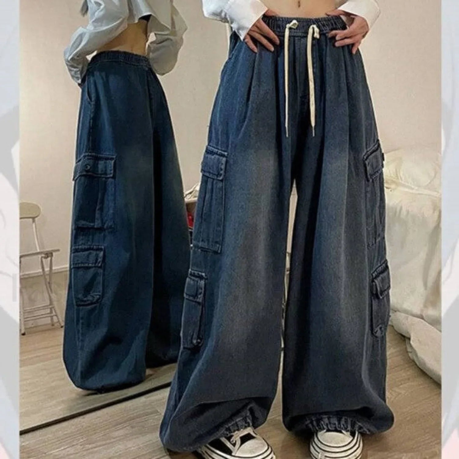 Tie Strap Graceful Baggy Cargo Jeans