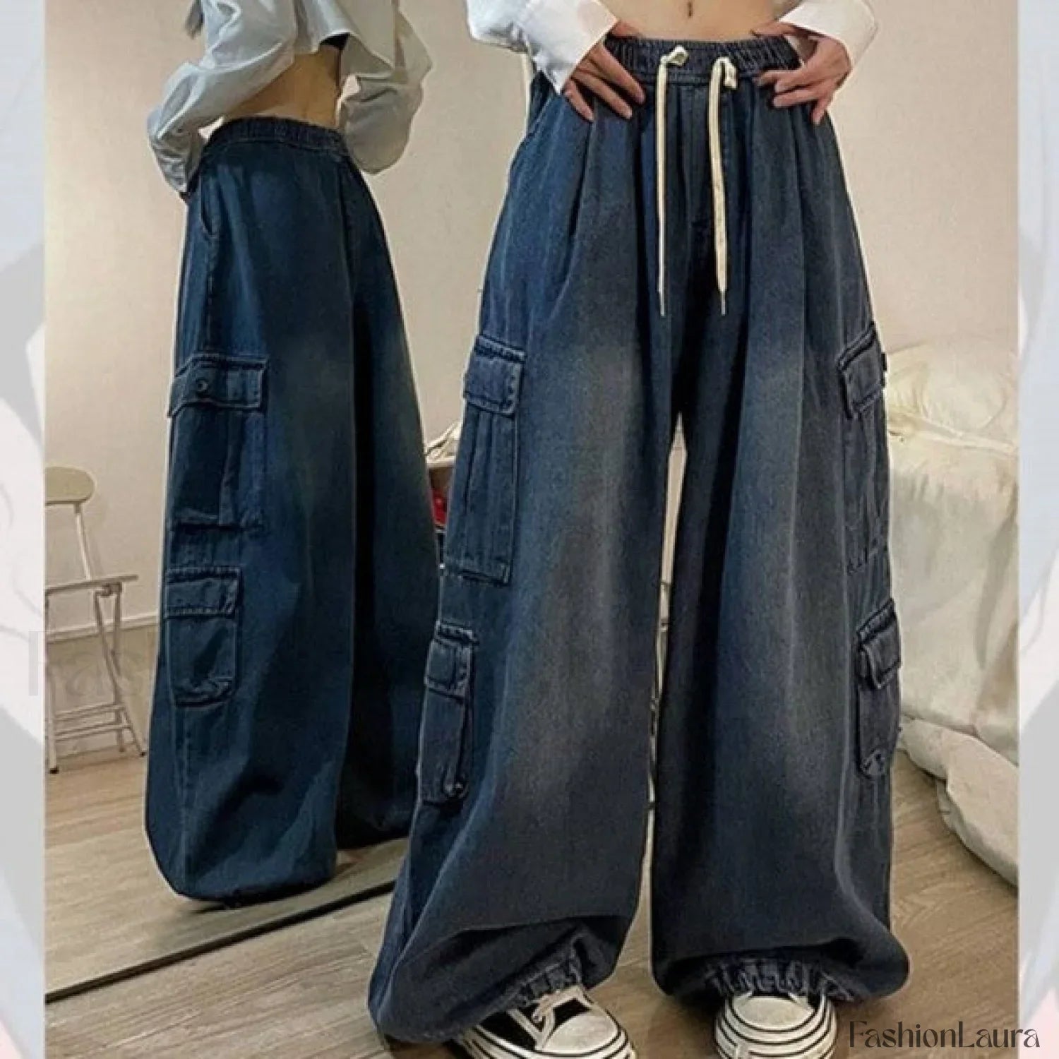 Tie Strap Graceful Baggy Cargo Jeans