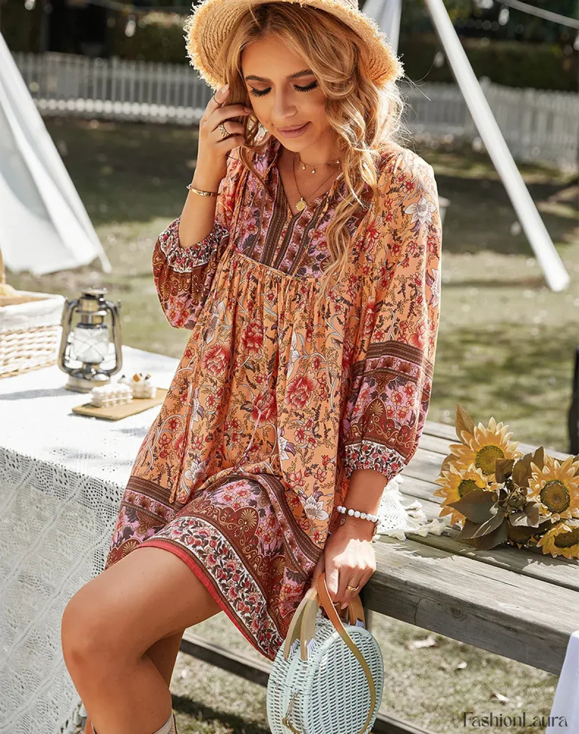 Tie-Up Floral Mini Boho Dress