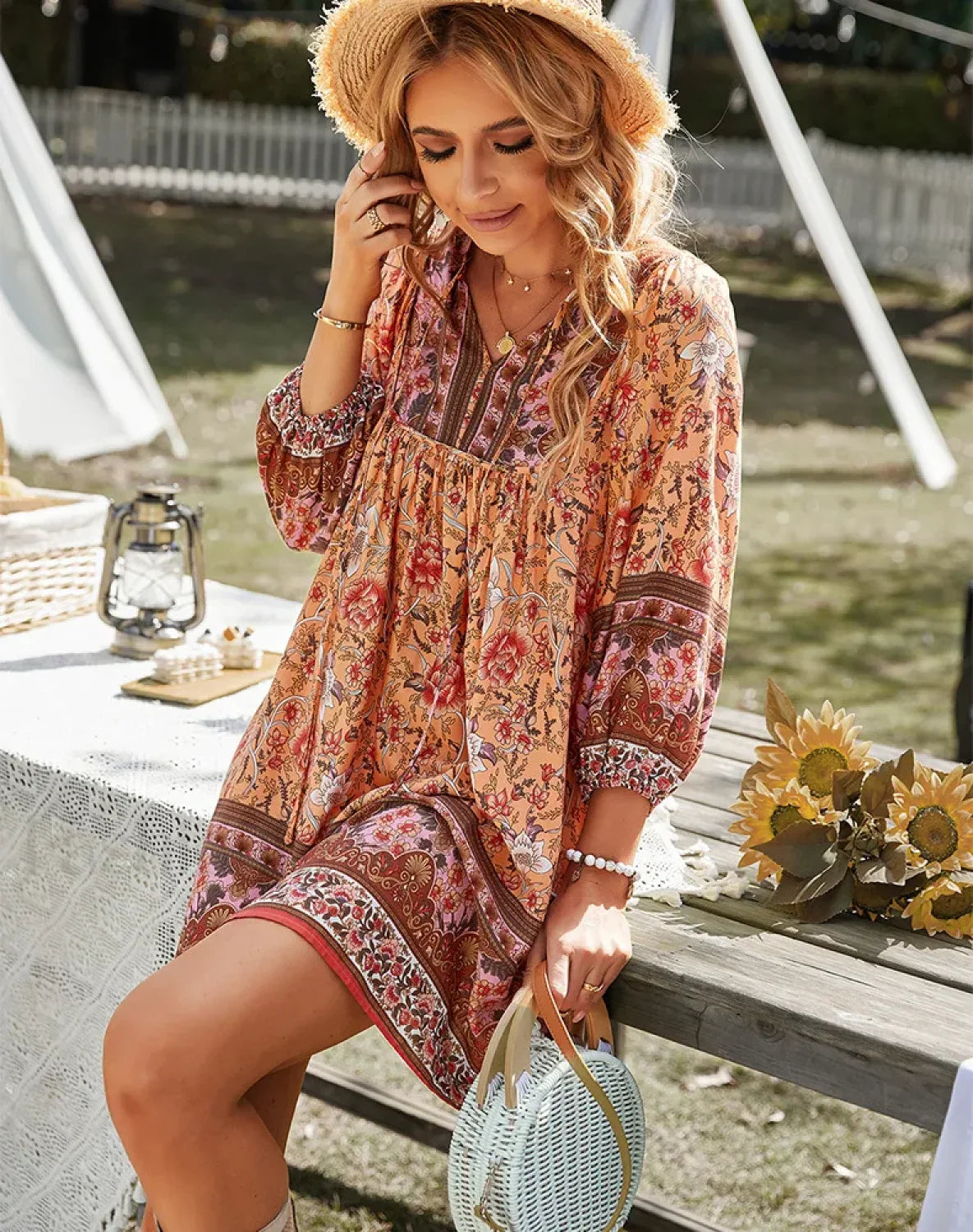 Tie-Up Floral Mini Boho Dress