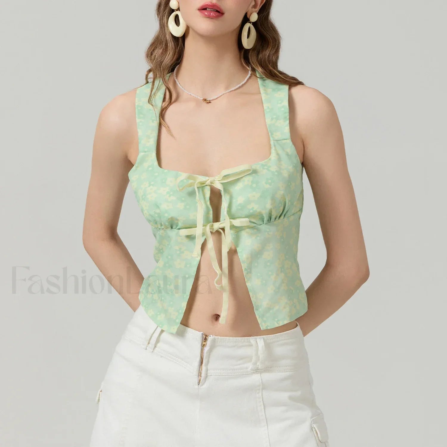 Tie Up Floral Slim Crop Top Green / S