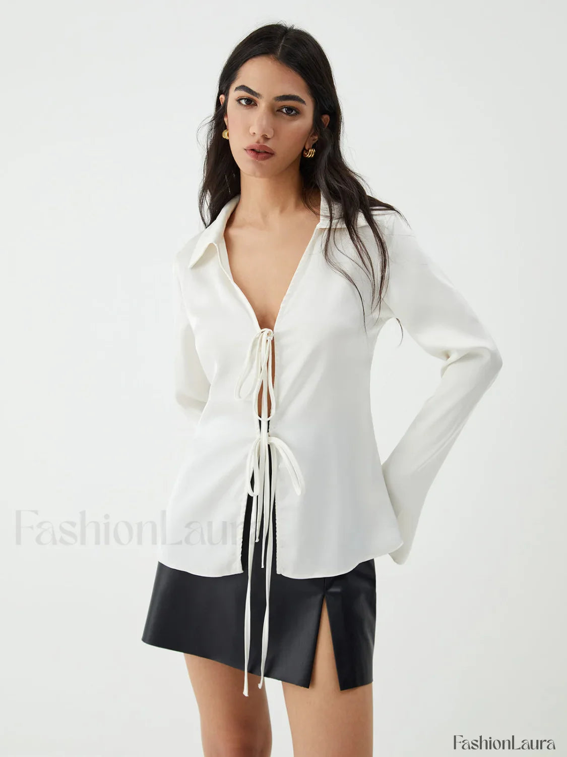 Tie Up V-Neck Trendy Long Sleeve Blouse