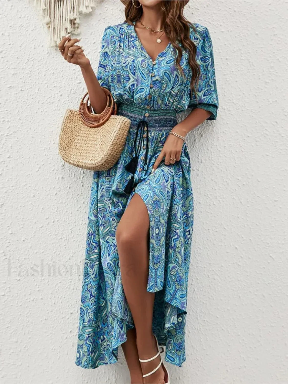 Tie-Waist Lantern-Sleeve Boho Dress