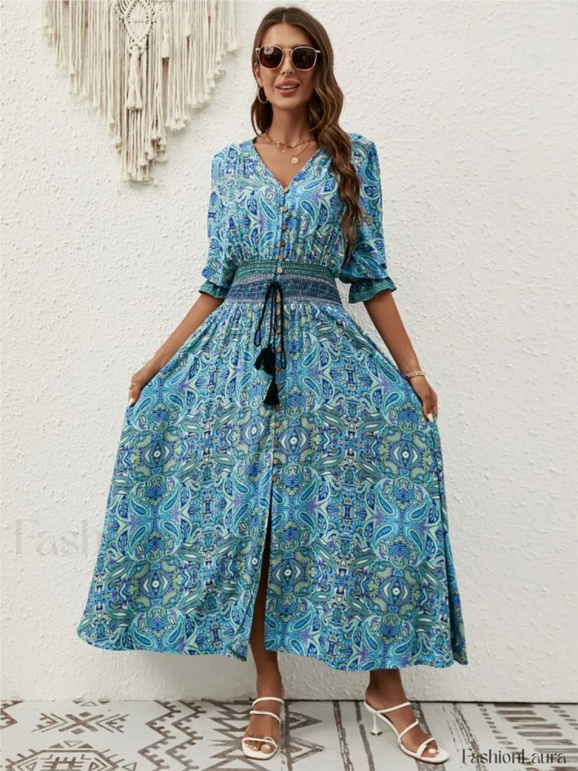 Tie-Waist Lantern-Sleeve Boho Dress