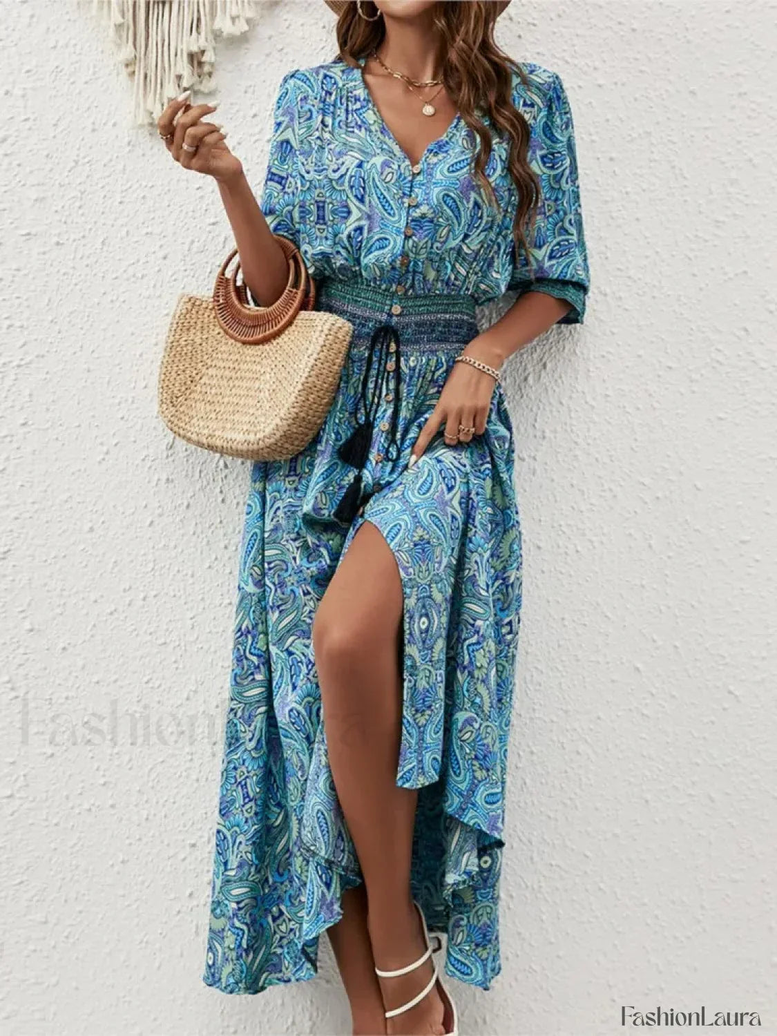 Tie-Waist Lantern-Sleeve Boho Dress