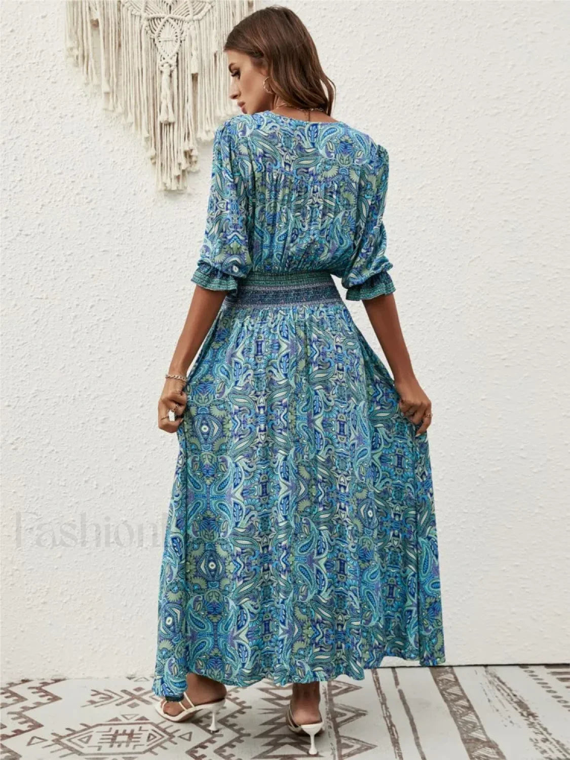 Tie-Waist Lantern-Sleeve Boho Dress