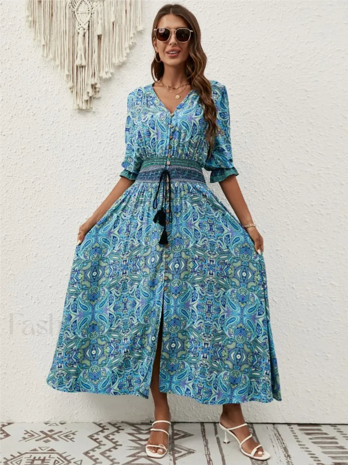 Tie-Waist Lantern-Sleeve Boho Dress