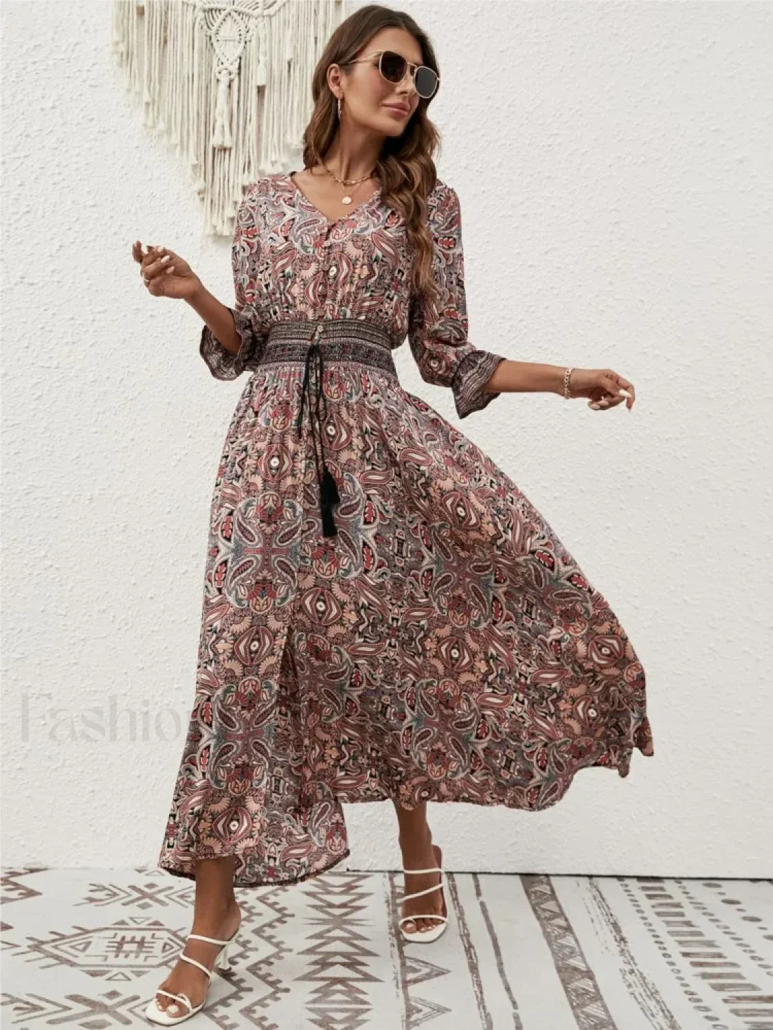 Tie-Waist Lantern-Sleeve Boho Dress