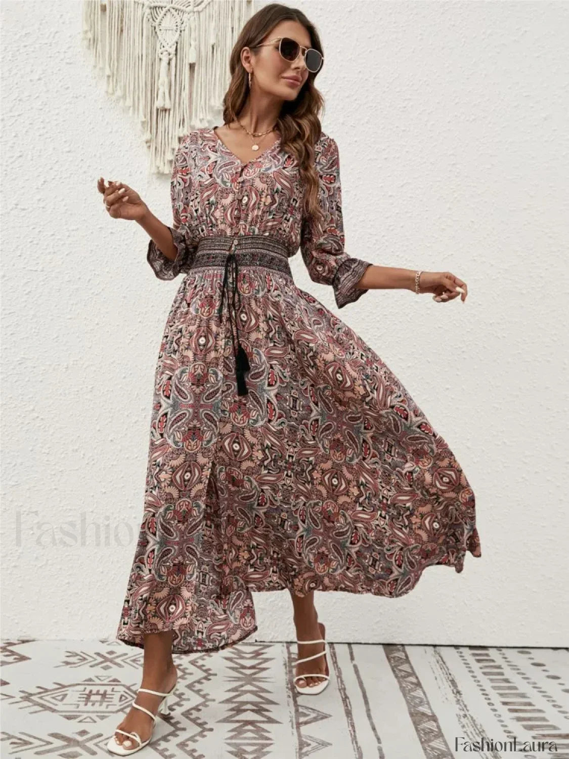 Tie-Waist Lantern-Sleeve Boho Dress