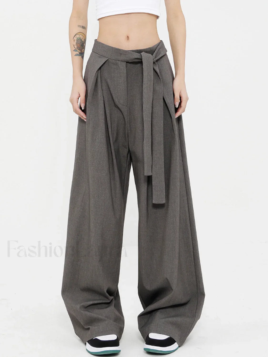 Tied Pleated Full Length Modern Wide Leg Dress Pants