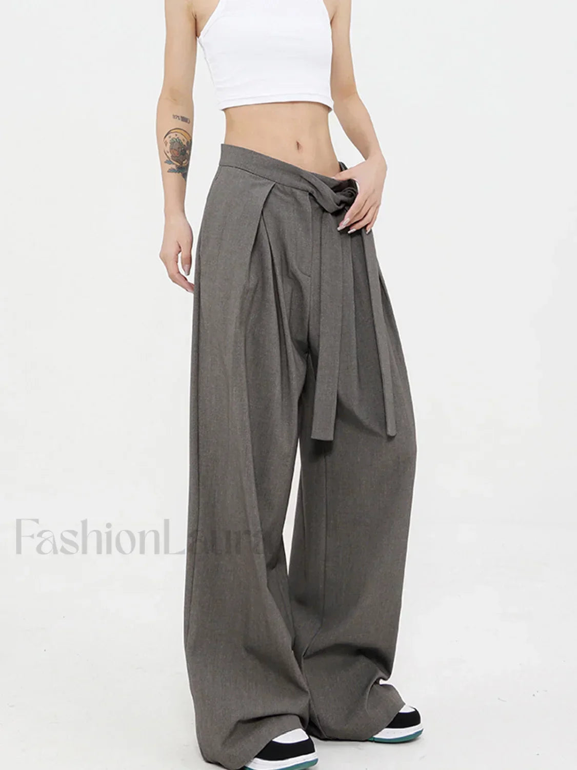 Tied Pleated Full Length Modern Wide Leg Dress Pants