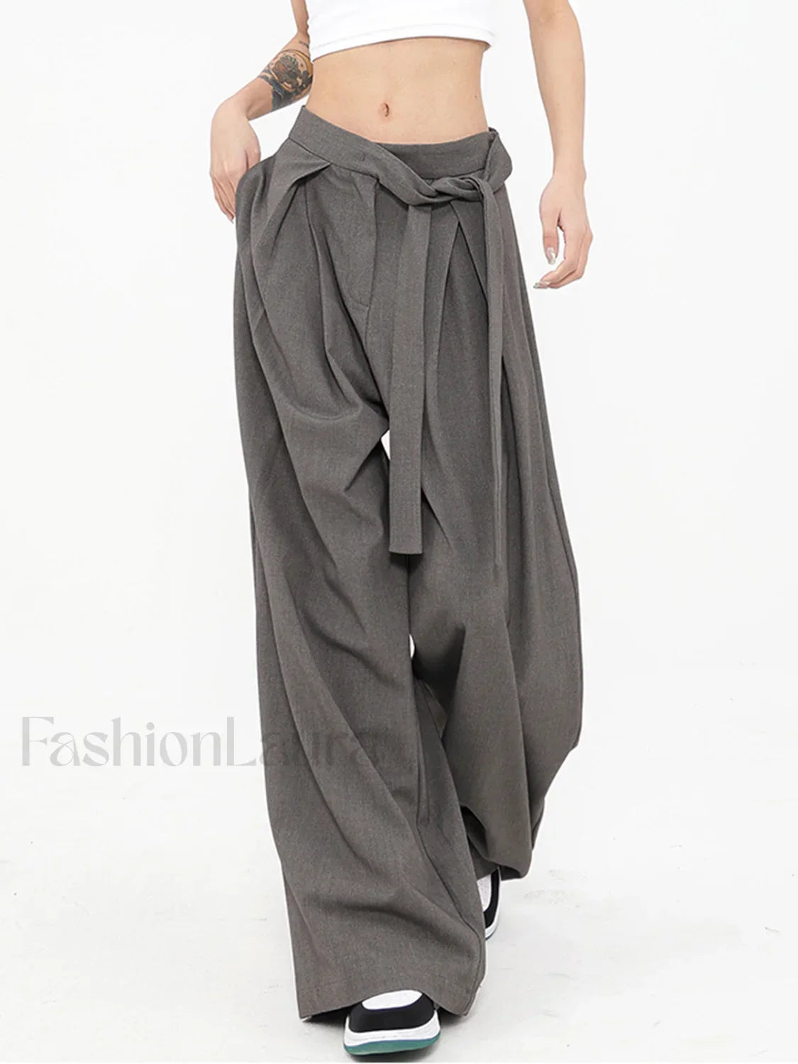 Tied Pleated Full Length Modern Wide Leg Dress Pants Grey / XS Pants