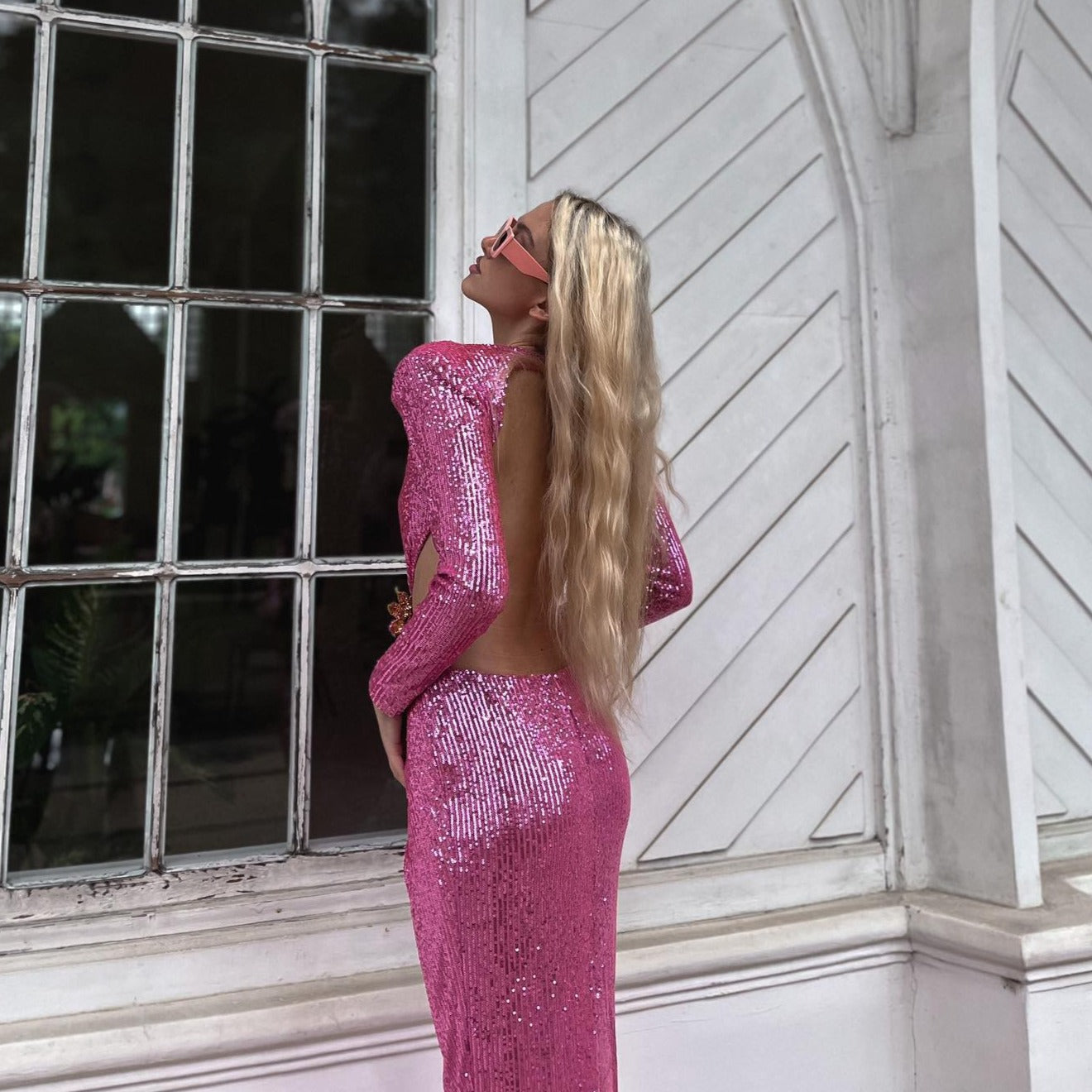 Sequin Long Sleeve Cut Out Bodycon Maxi Dress