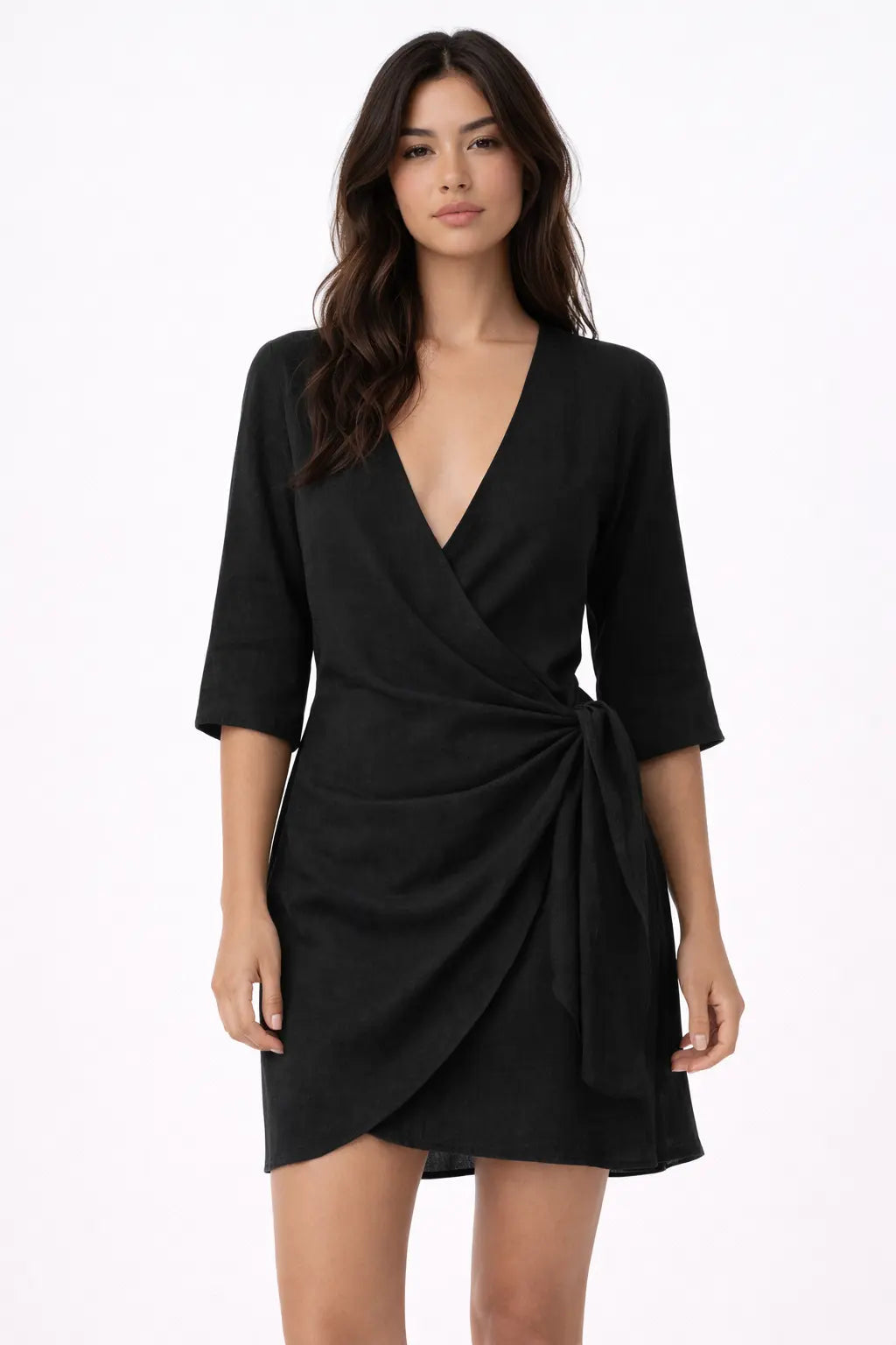 Deep V-Neck Three Quarter Sleeve Wrap Mini Dress 2