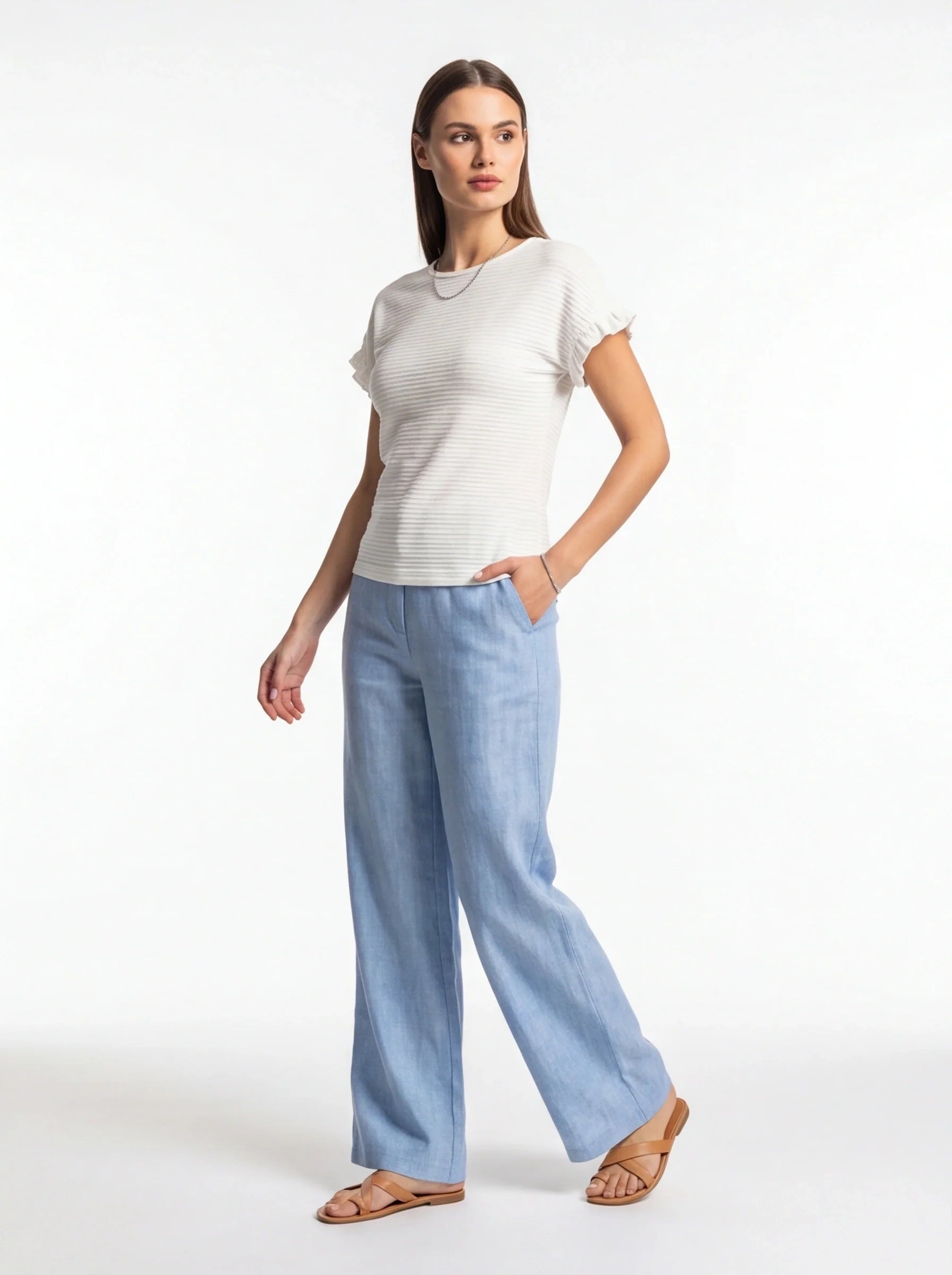 Charming Textured Ruffle Sleeve T-Shirt with Soft Fabric and Relaxed F - Jamota