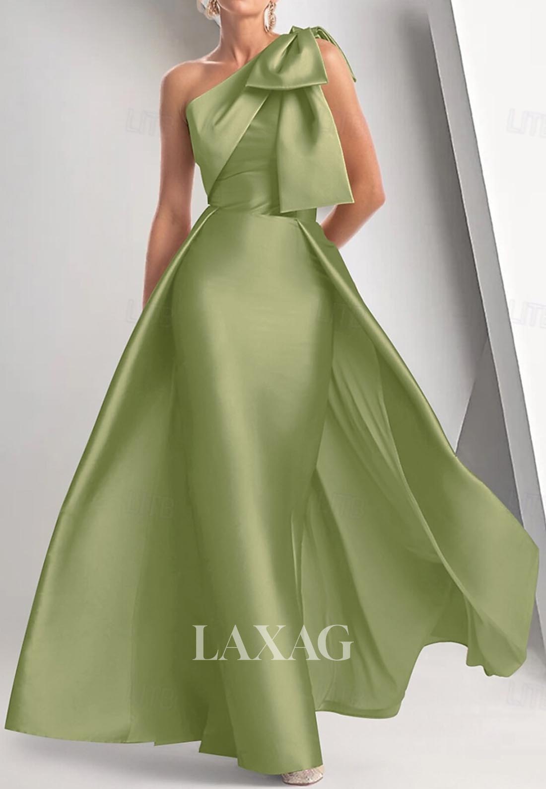 Asymmetrical-Neck Sleeveless Mermaid Evening Dress One-Shoulder Satin Formal Gowns with Bow