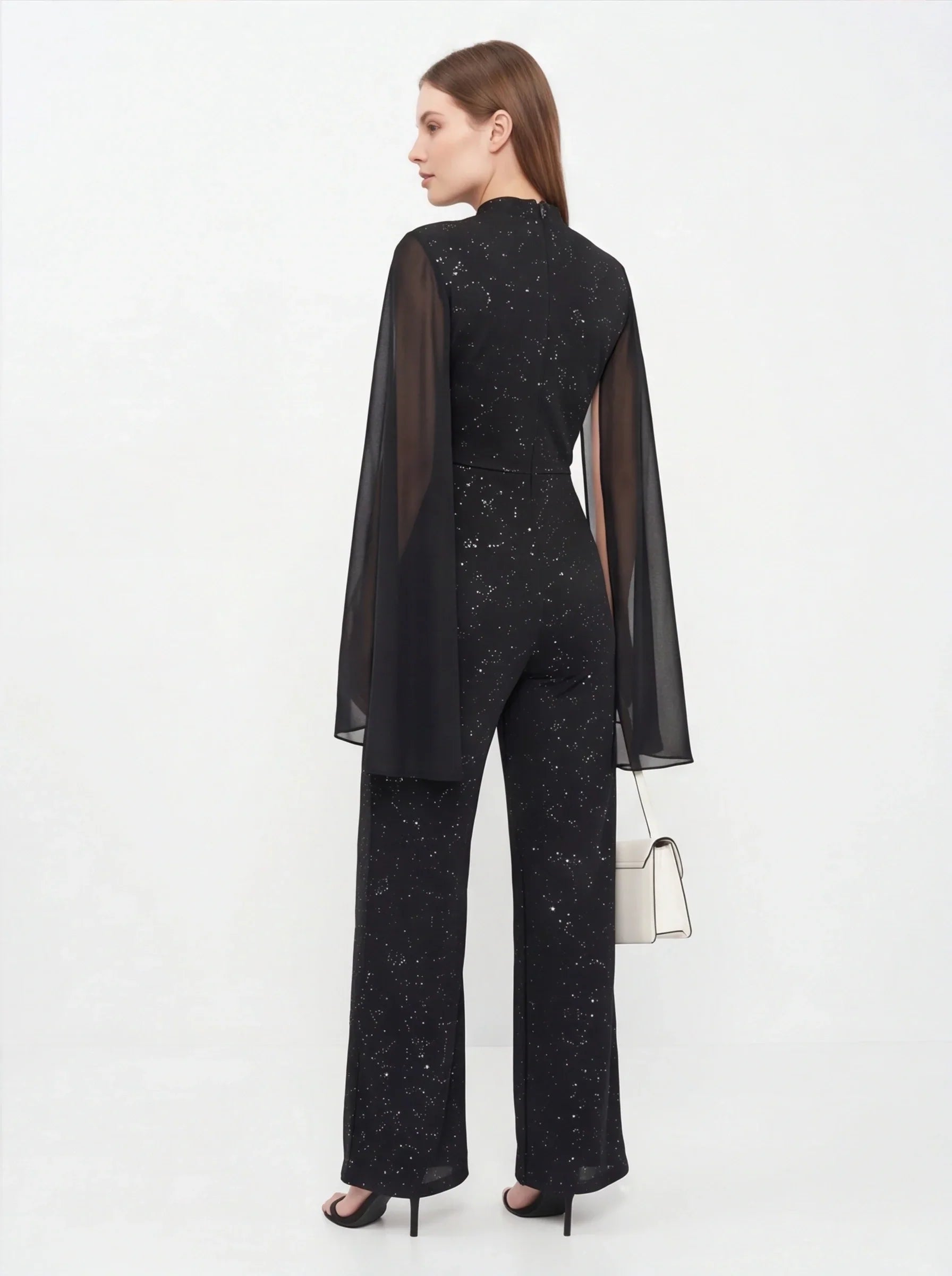 Glitter Chiffon Cape Sleeve Wide Leg Jumpsuit