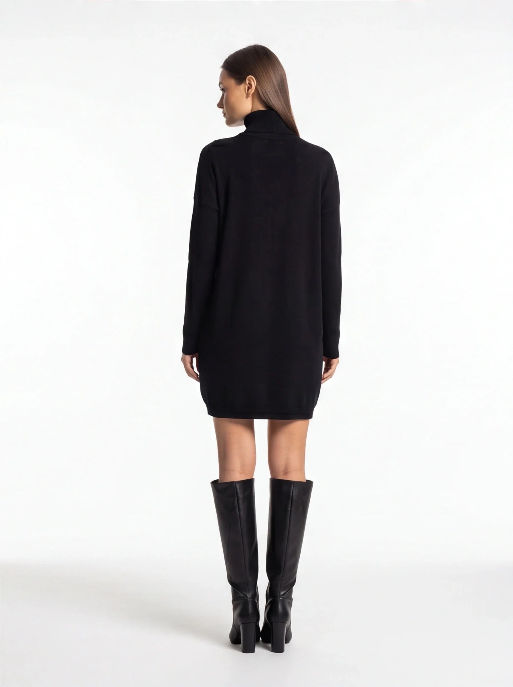 Cozy Black Turtleneck Sweater Dress with Long Sleeves and Ribbed Detail
