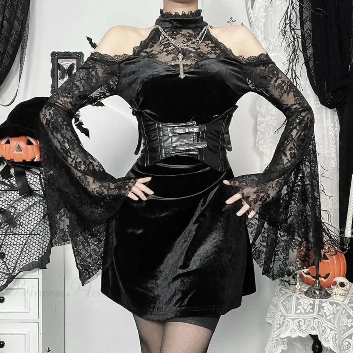 Velvet High Neck Cold Shoulder Lace Bell Sleeve Mini Dress 2