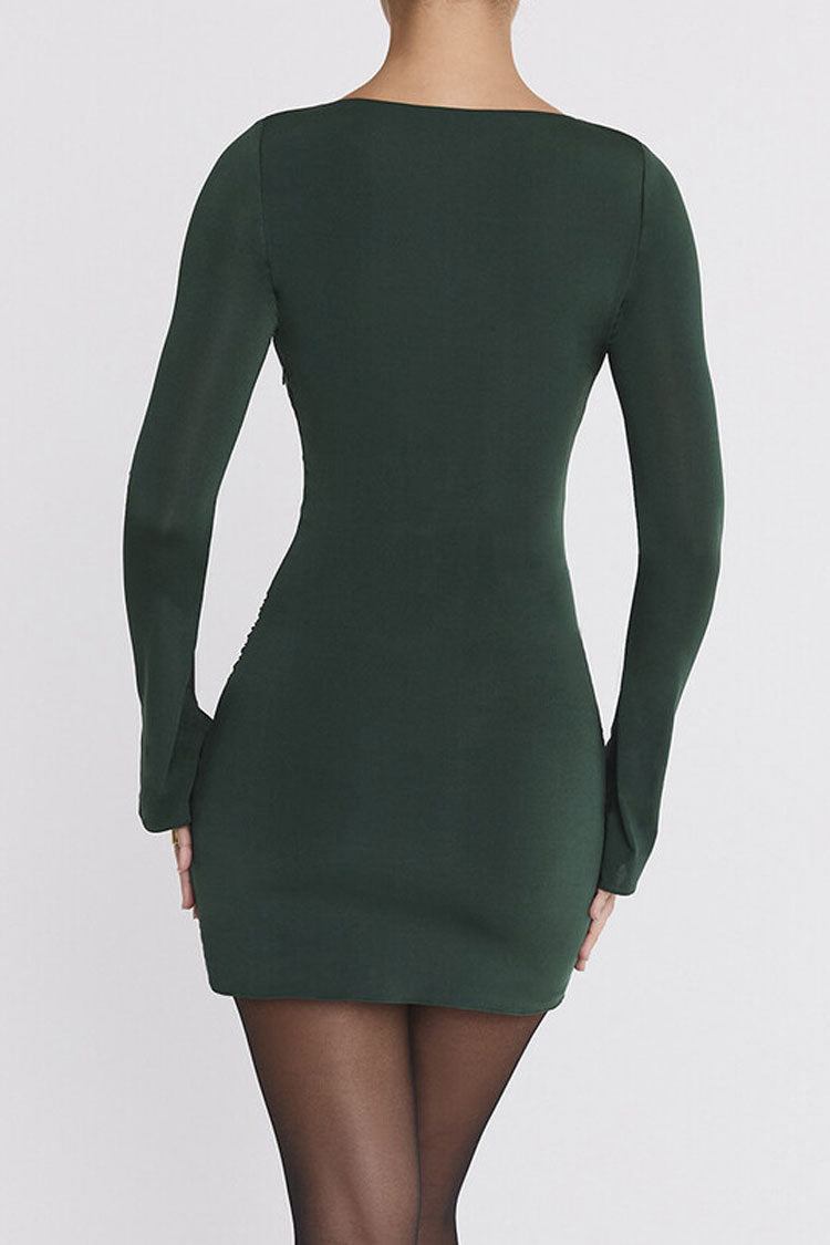 Trendy Boat Neck Metal Ring Ruched Draped Bodycon Party Mini Dress