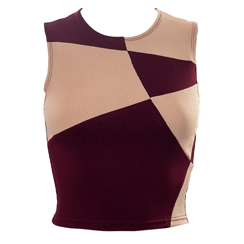 Geometric Colorblock Patchwork Ribbed Knit Sleeveless Crop Top 3