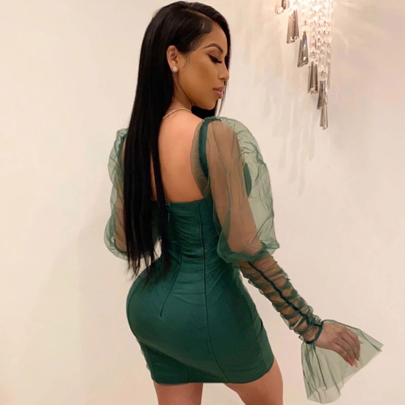 Mesh Puff Sleeve Sweetheart Bustier Bodycon Mini Dress