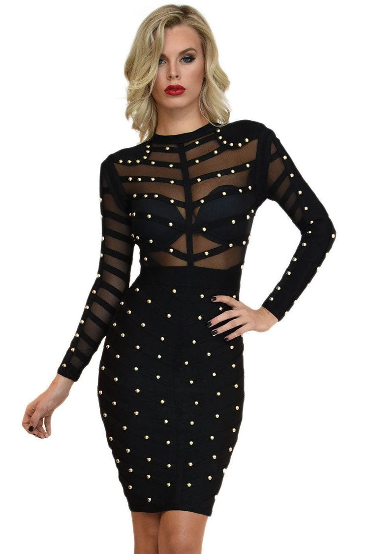 Mesh Long Sleeve Bandage Bodycon Maxi Dress Party