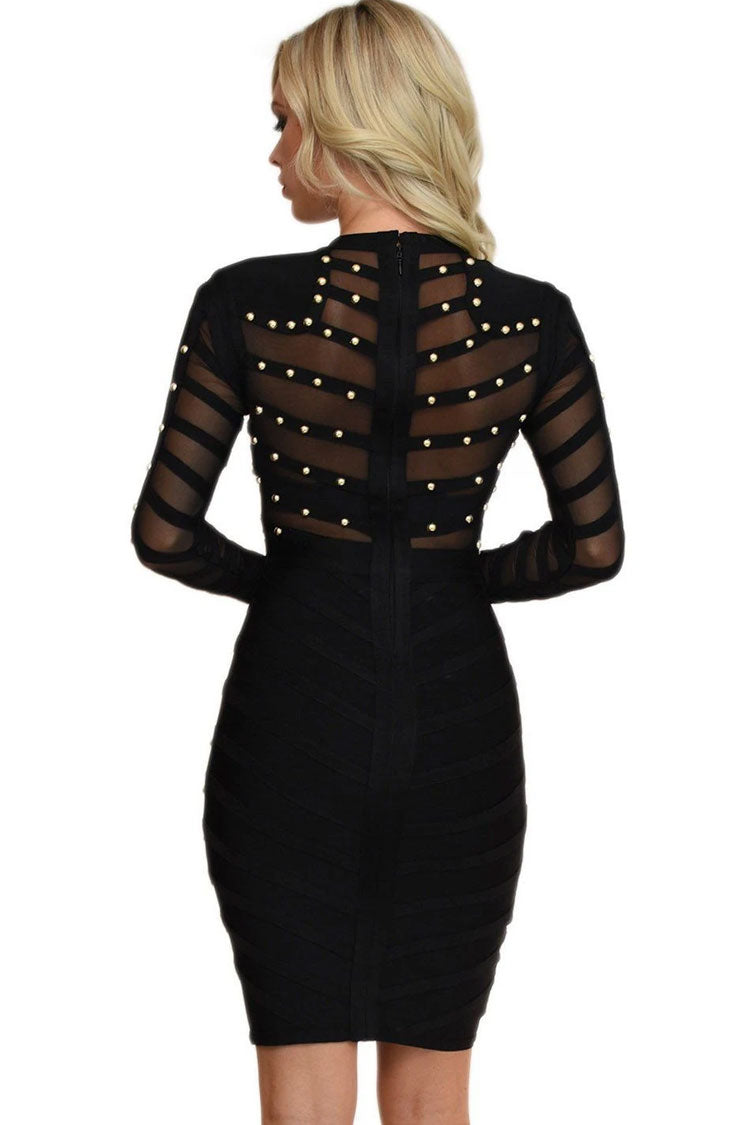 Mesh Long Sleeve Bandage Bodycon Maxi Dress Party - View 3