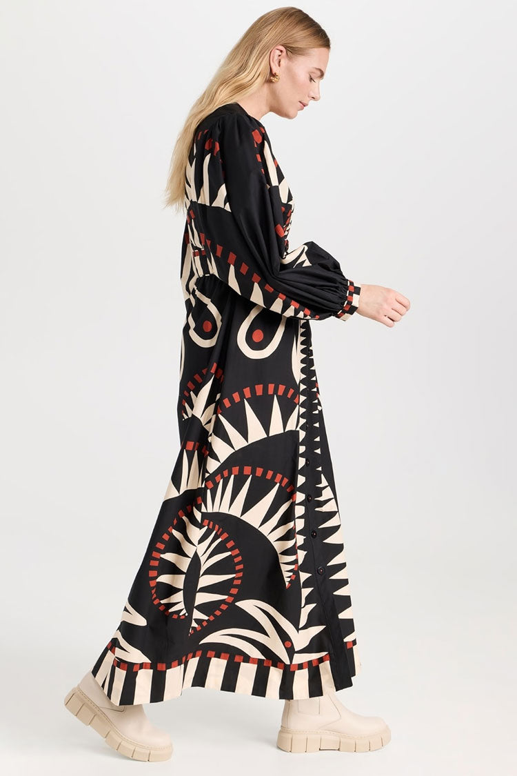 Tribal Geometric Print Deep V Blouson Sleeve Button Up Vacation Maxi Dress