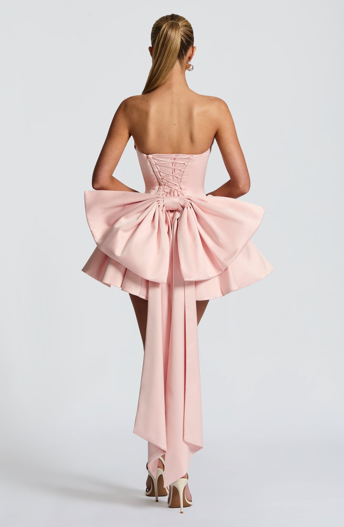 Satin Strapless Draped Neckline Corset Bow Back Peplum Mini Dress 2